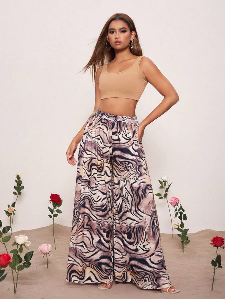 CM-BS218171 Women Casual Seoul Style High Waist Floral Print Wide Leg Pants