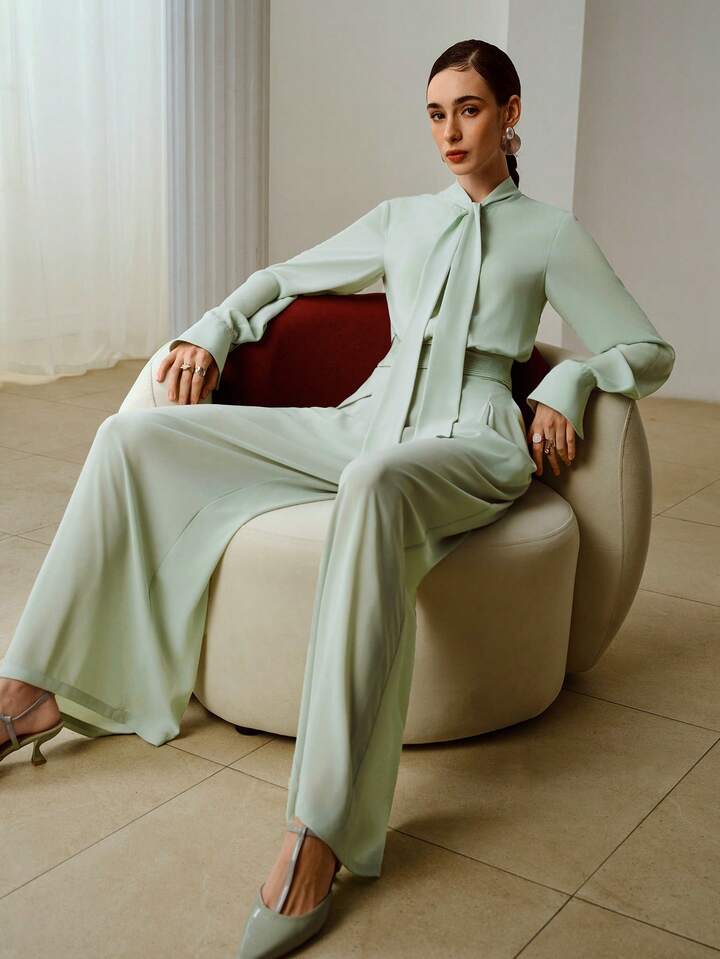CM-JS504080 Women Elegant Seoul Style Ribbon Collar Rhinestone Buttons Chiffon Long Sleeve Jumpsuit - Mint Green