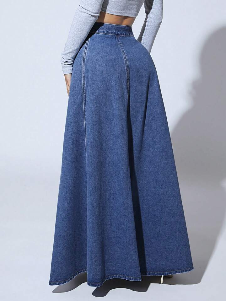 CM-BS749524 Women Casual Seoul Style Medium Wash High Waist Button Front Extra Long Denim Skirt