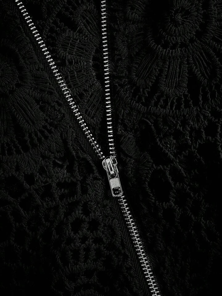 CM-TS020400 Women Casual Seoul Style Floral Lace Hollow Zipper Front Long Sleeve Blouse - Black