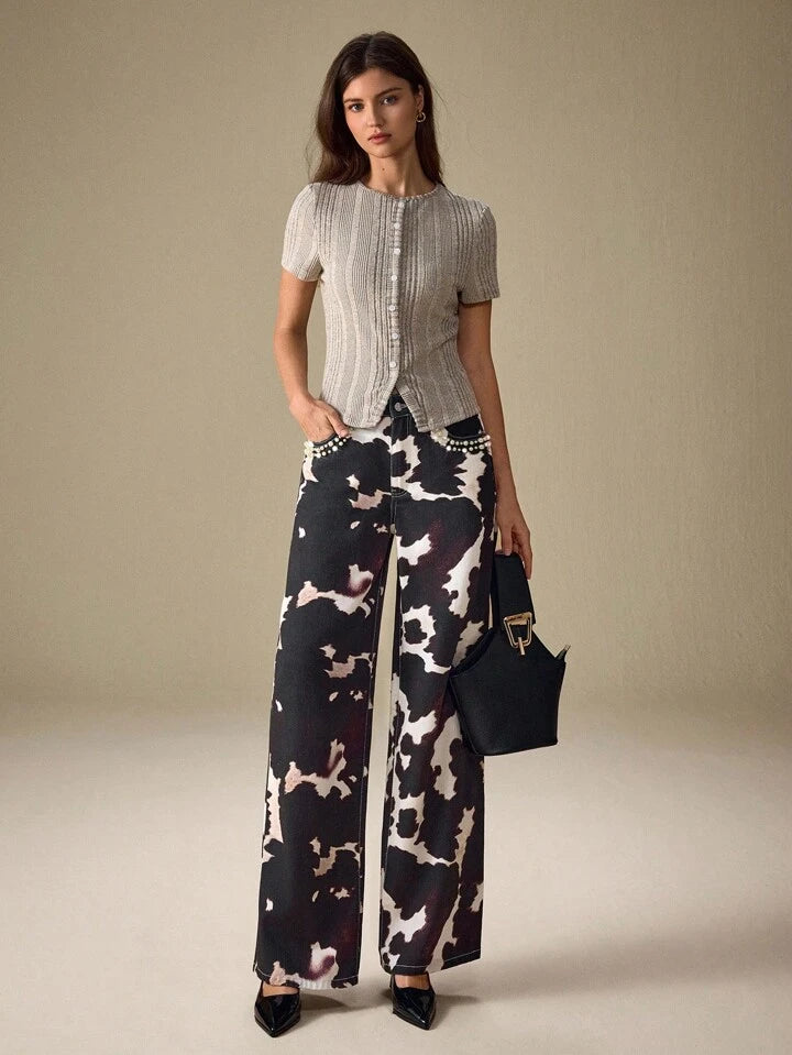 CM-BS448745 Women Casual Seoul Style All-Over Print Elastic Mid Waist Extra Long Straight-Leg Denim Jeans