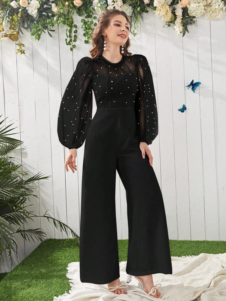 CM-JS016873 Women Elegant Seoul Style Dobby Mesh Zip Back Culottes Jumpsuit - Black