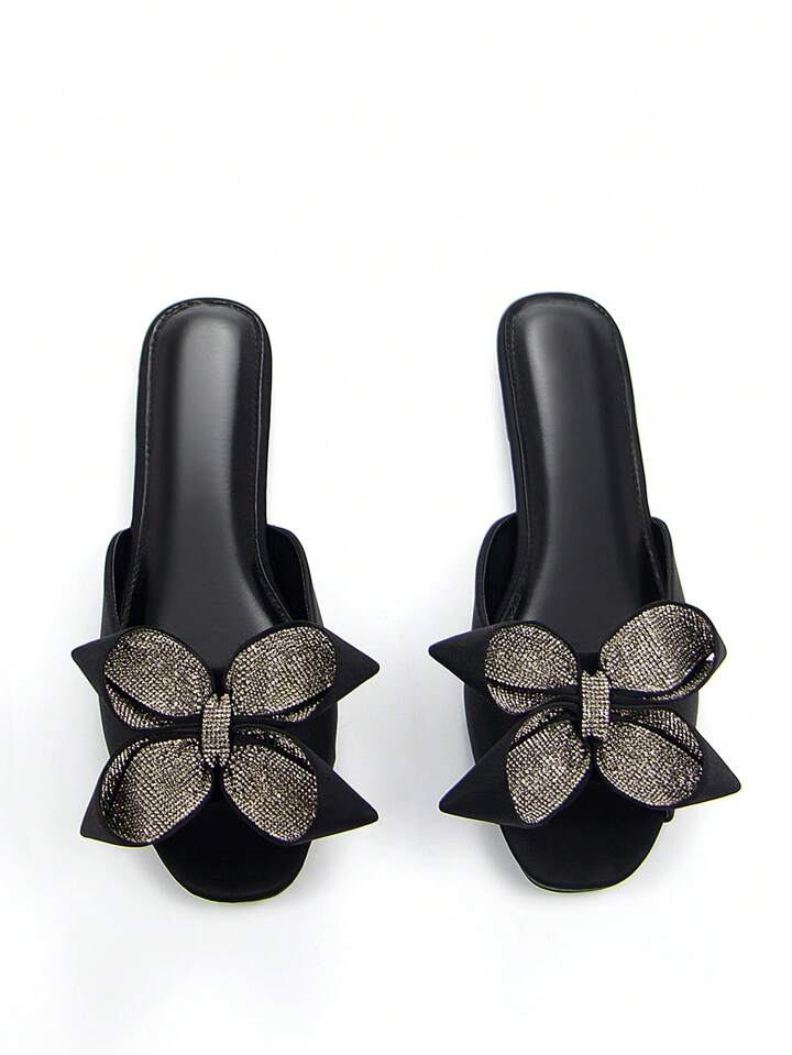 CM-SHS999479 Women Trendy Seoul Style 3D Rhinestone Floral Bow Decor Square Toe Mule Sandals - Black