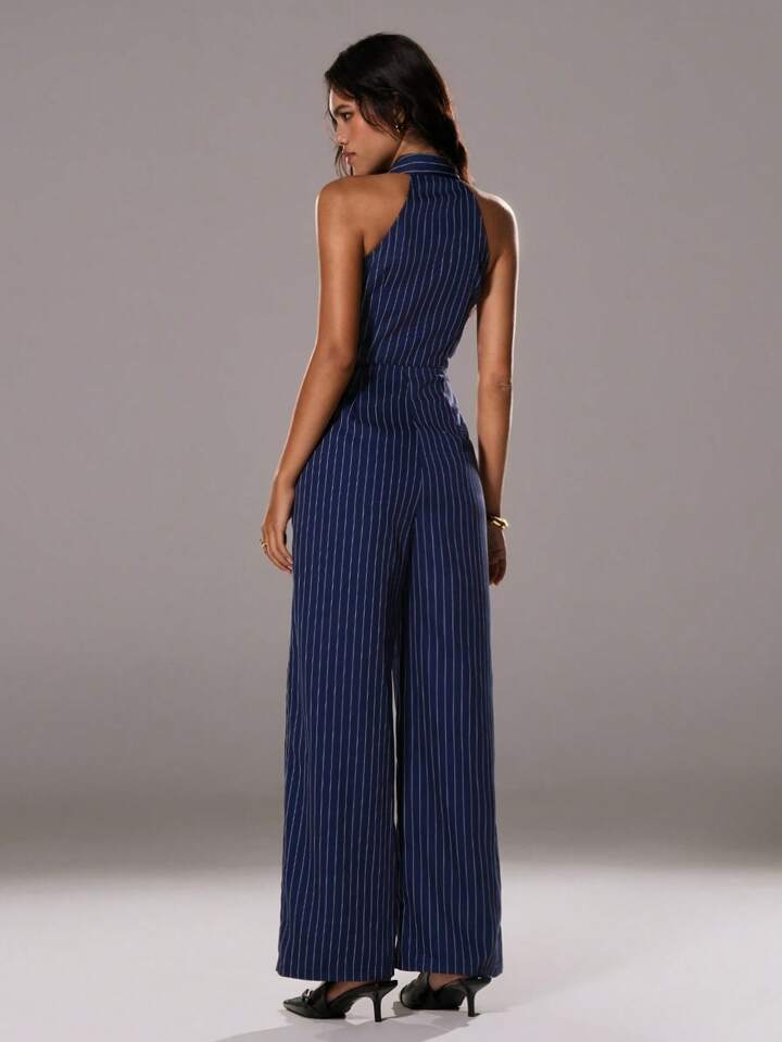 CM-JS133398 Women Elegant Seoul Style Halter Striped Sleeveless Shirt Collar Jumpsuit - Navy Blue