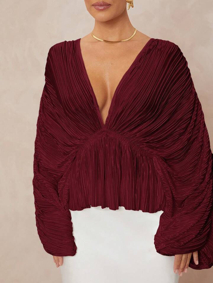 CM-TS272263 Women Elegant Seoul Style Deep V-Neck Long Sleeve Loose Fit Ruffled Hem  Oversized Blouse - Burgundy