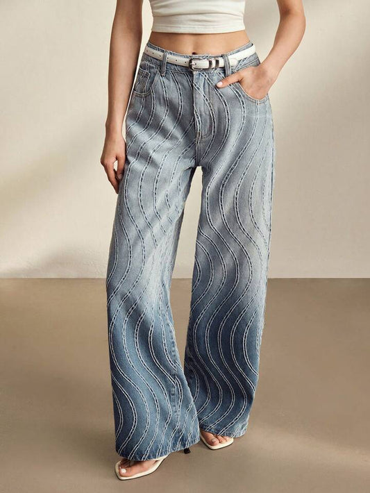CM-BS195590 Women Casual Seoul Style Mid Waist Jacquard Gradient Straight Leg Jeans - Blue
