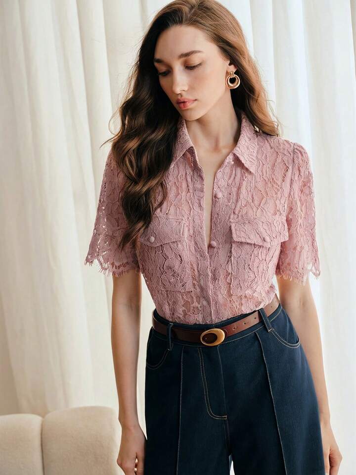 CM-TS636795 Women Elegant Seoul Style Lace Hollow Out Shirt Collar Short Sleeve Blouse - Pink