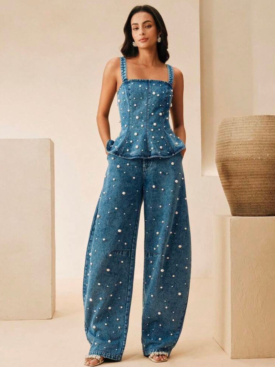 CM-SS900958 Women Elegant Seoul Style Pearl Beaded Ruffle Denim Camisole Top With High-Waisted Curved Jeans - Set