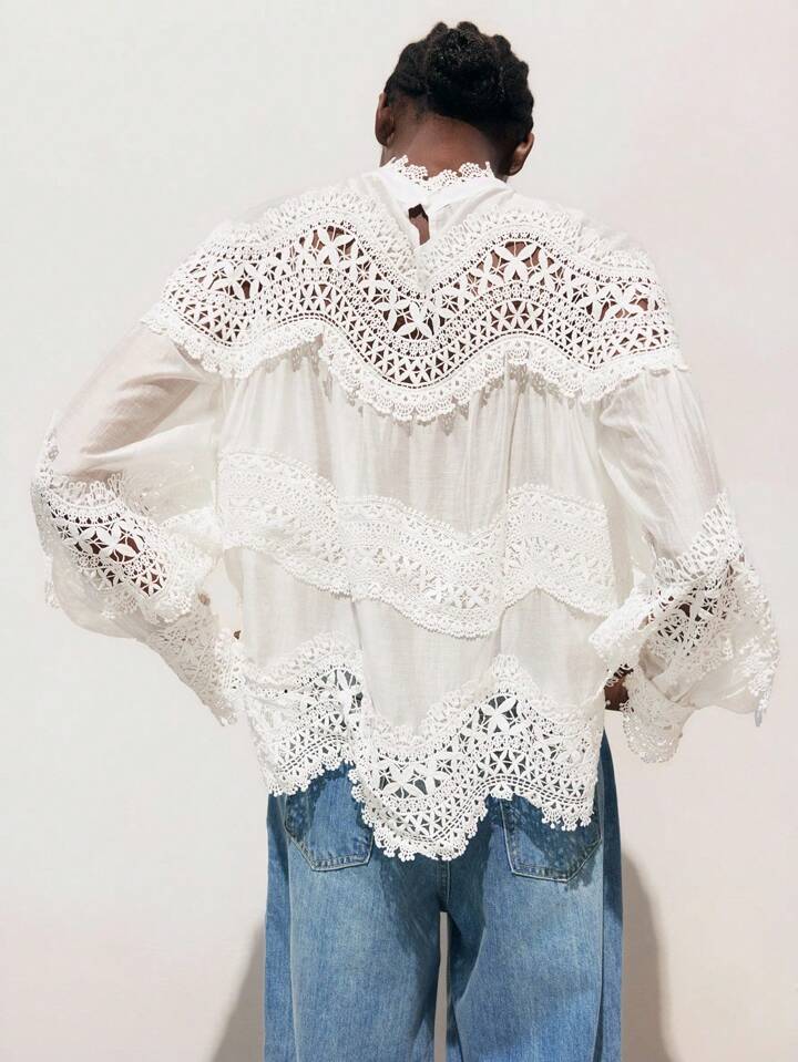CM-TS762455 Women Trendy Bohemian Style Solid Color Stand Collar Flare Sleeve Lace Patchwork Blouse Top - White