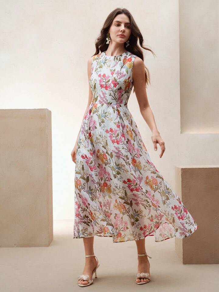 CM-DS288882 Women Elegant Seoul Style High-Quality Round Neck Floral Printed Sleeveless Long Dress