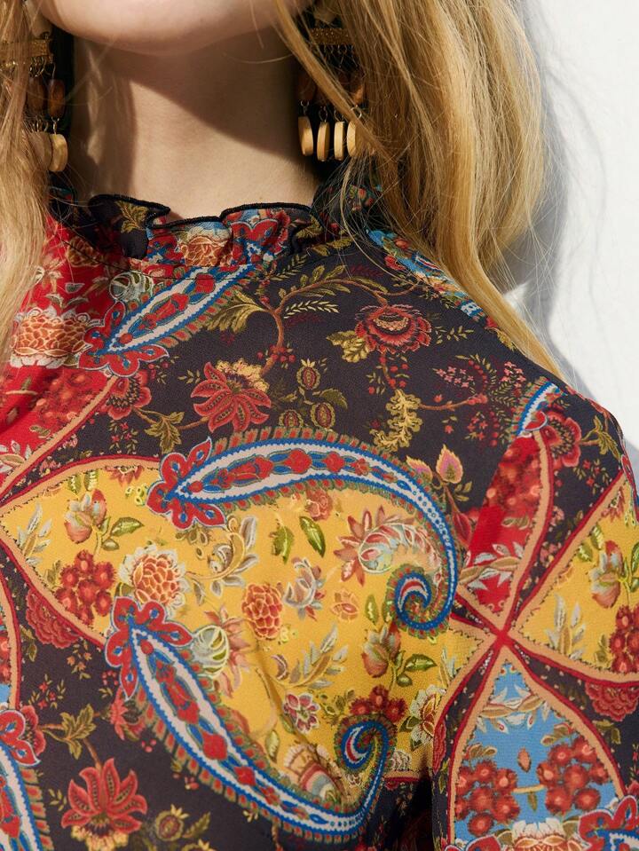CM-TS979228 Women Trendy Bohemian Style Stand Collar Floral Print Bell Sleeve Layered Blouse