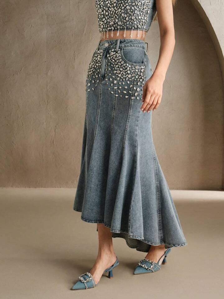 CM-BS801184 Women Elegant Seoul Style Light Wash Rhinestone Embellished Mermaid Denim Skirt