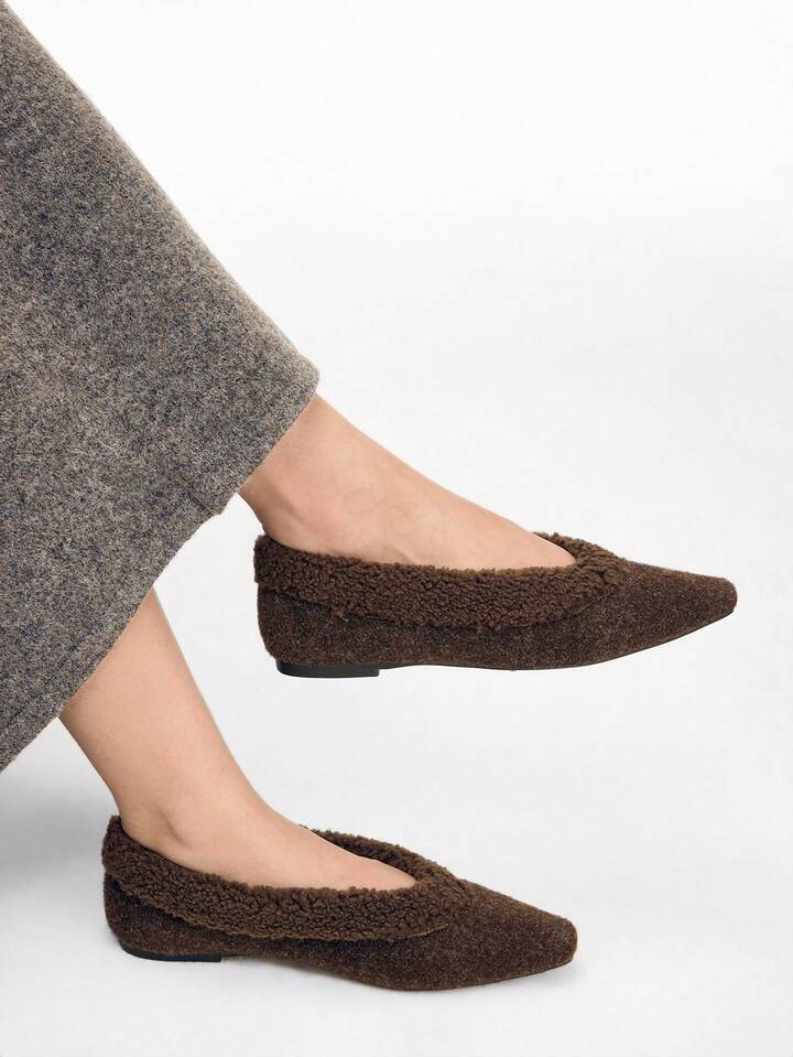 CM-SHS785746 Women Trendy Seoul Style Plush Pointed Toe Flats - Coffee Brown