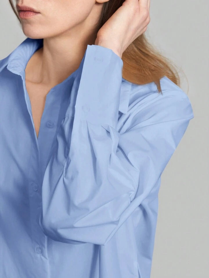 CM-TS815753 Women Casual Seoul Style Shirt Collar Long Sleeve Front Button High Slit Long Shirt - Blue