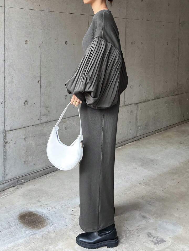 CM-DS455539 Women Casual Seoul Style Solid Color Round Neck Lantern Sleeve Straight Midi Dress - Gray