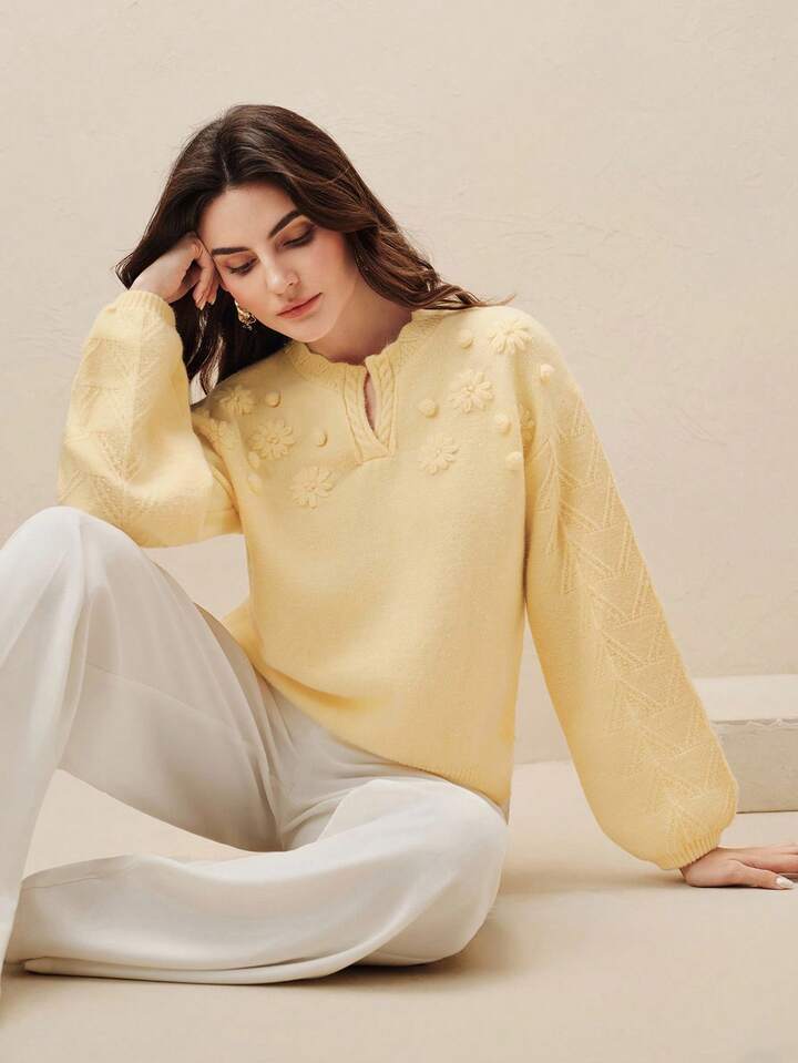 CM-CS731179 Women Elegant Seoul Style Embroidered Floral Motched Neckline Loose Knit Pullover Sweater - Yellow