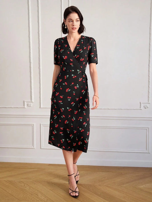 CM-DS467484 Women Trendy Bohemian Style V-Neck Cherry Print A-Line Midi Dress