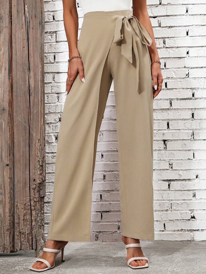 CM-BS320708 Women Casual Seoul Style High Waist Knot Side Pants - Khaki