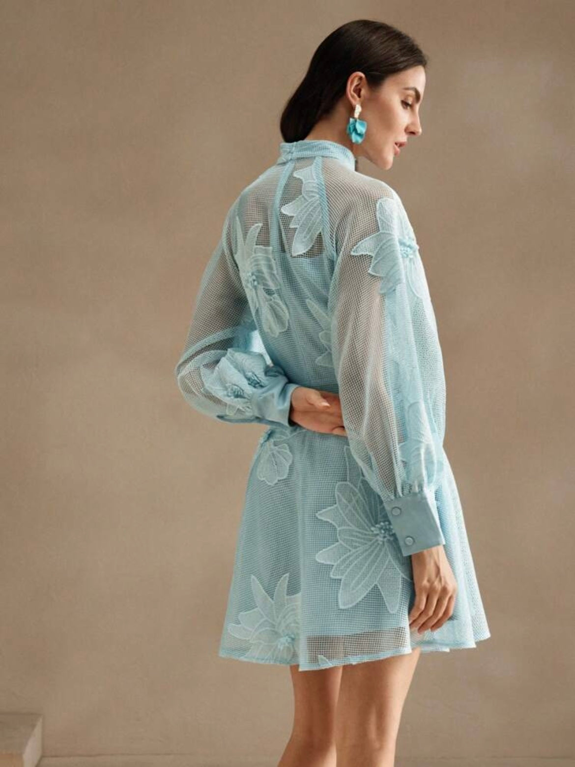CM-DS852705 Women Elegant Seoul Style Collar Neckline Lace Cinched Waist Lantern Sleeve Dress - Baby Blue