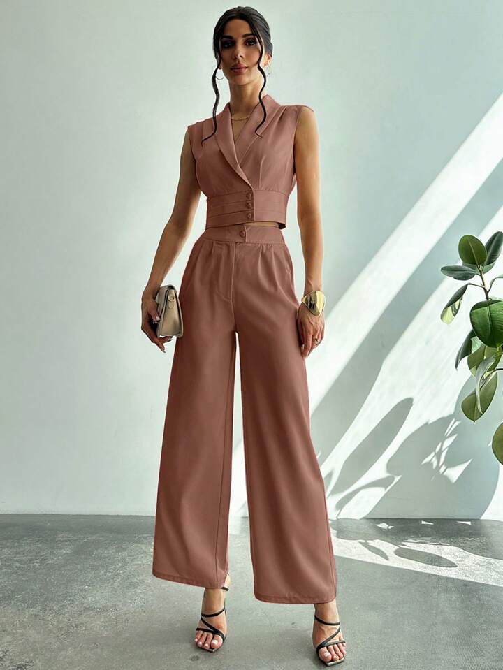 CM-SS414674 Women Elegant Seoul Style Collared Fitted Cap Sleeve Shirt With Straight-Leg Pants Suit - Khaki