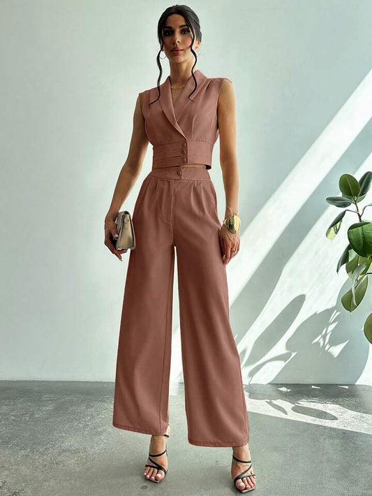 CM-SS414674 Women Elegant Seoul Style Collared Fitted Cap Sleeve Shirt With Straight-Leg Pants Suit - Khaki