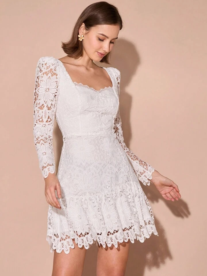 CM-DS242101 Women Elegant Seoul Style Sweetheart Neckline Long Sleeve Asymmetric Hem Lace Dress