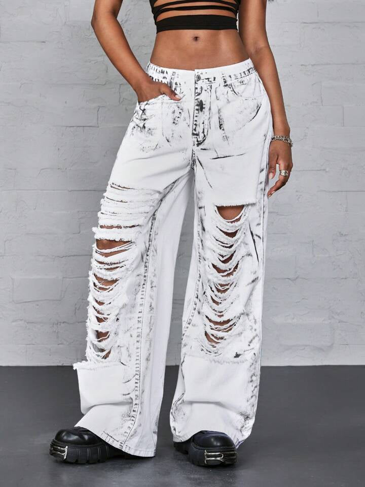 CM-BS860642 Women Casual Seoul Style Digital Printed Distressed Washed Denim Jeans - White