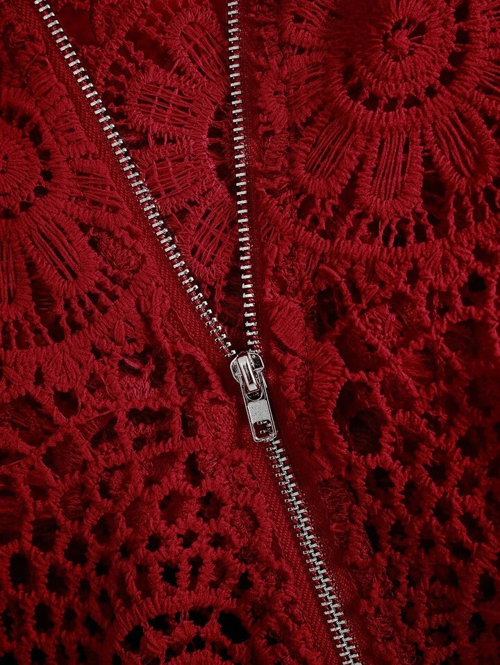 CM-TS677566 Women Casual Seoul Style Floral Lace Hollow Zipper Front Long Sleeve Blouse - Red