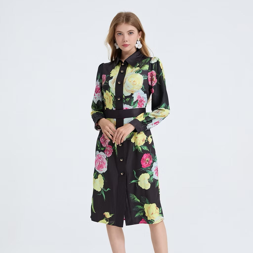 CM-DY053339 Women Elegant European Style Floral Print Collar Neckline Long Sleeve Midi Dress - Black