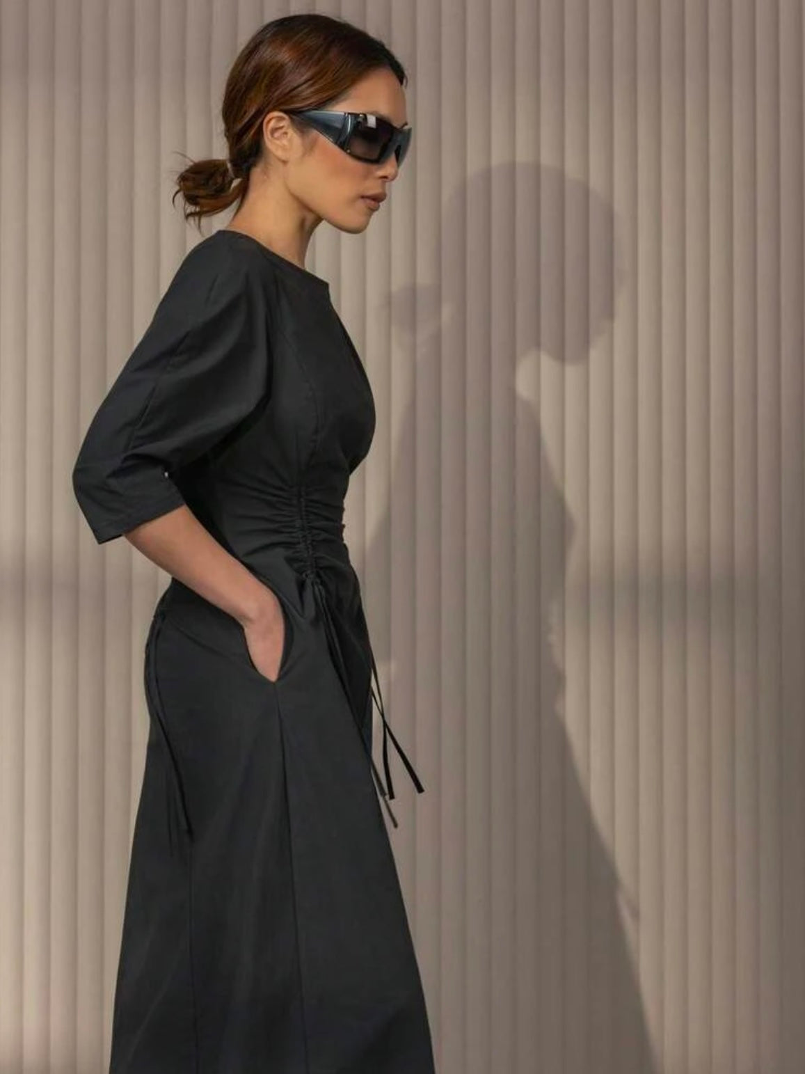 CM-DS168360 Women Elegant Seoul Style Crew Neck 3/4 Puff Sleeve Cinch-Waist A-Line Midi Dress