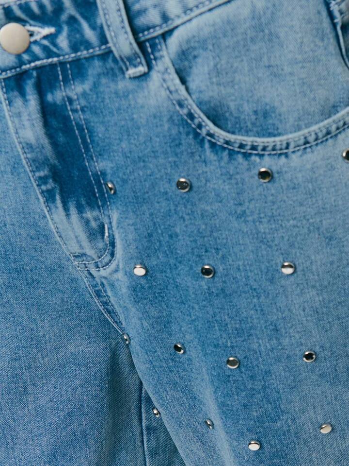 CM-BS572271 Women Casual Seoul Style Light Wash Rhinsetone Studs Embellished Wide-Leg Jeans