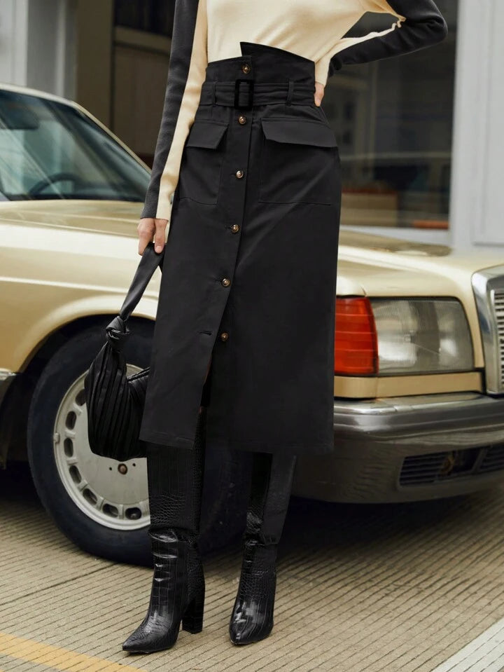 CM-BS022752 Women Casual Seoul Style Flap Pocket Button Front Belted Skirt - Black