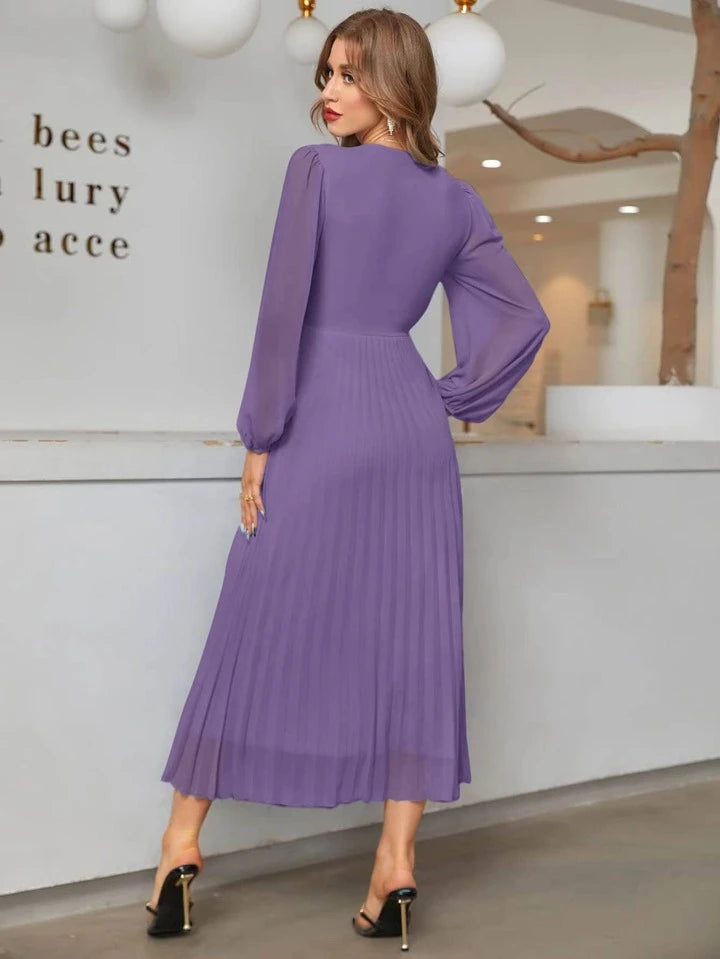 CM-DS365439 Women Elegant Seoul Style Surplice V-Neck High Waist Pleated Hem A-Line Dress - Purple
