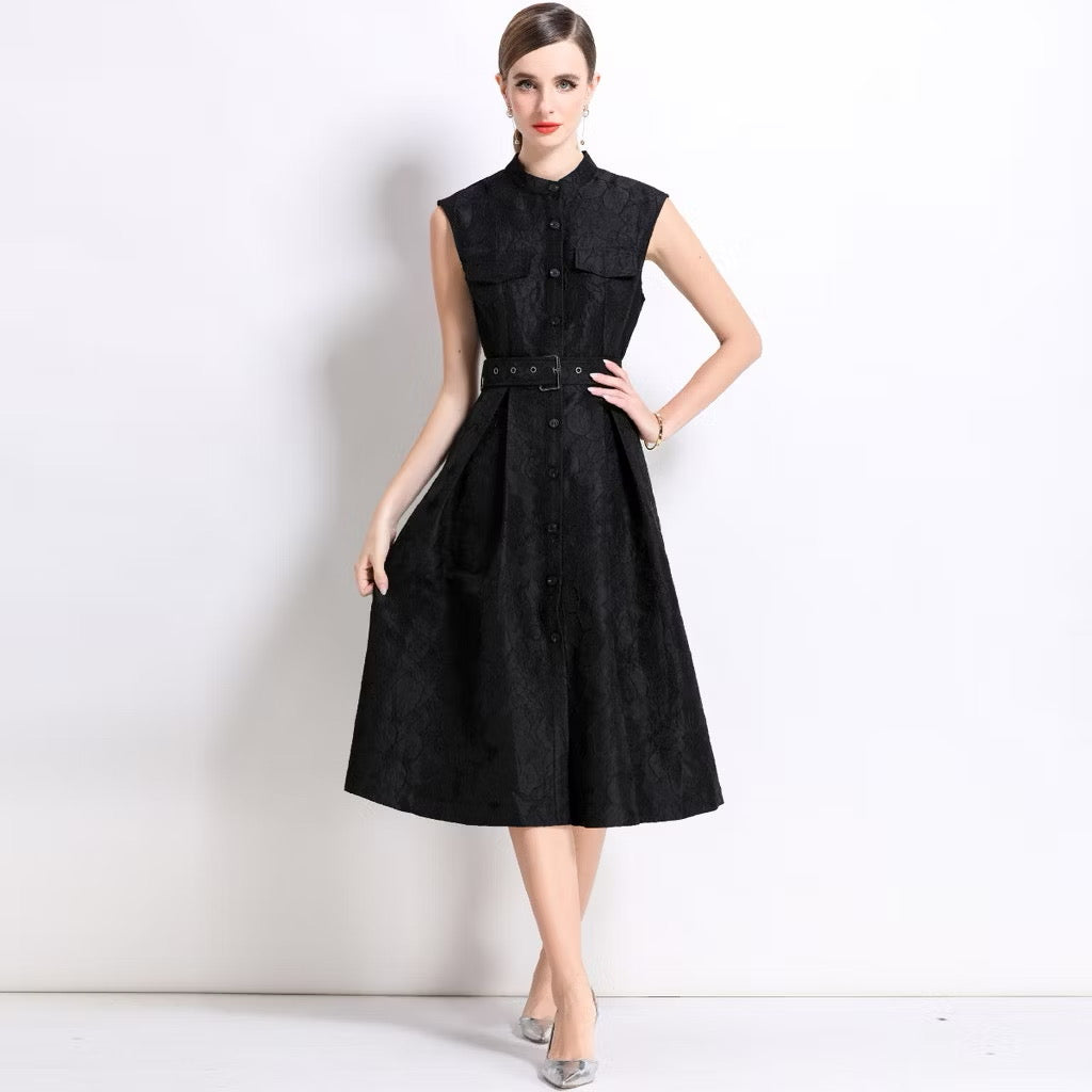 CM-DY054302 Women Elegant European Style Stand Collar Sleeveless Slim Mid-Length Dress - Black