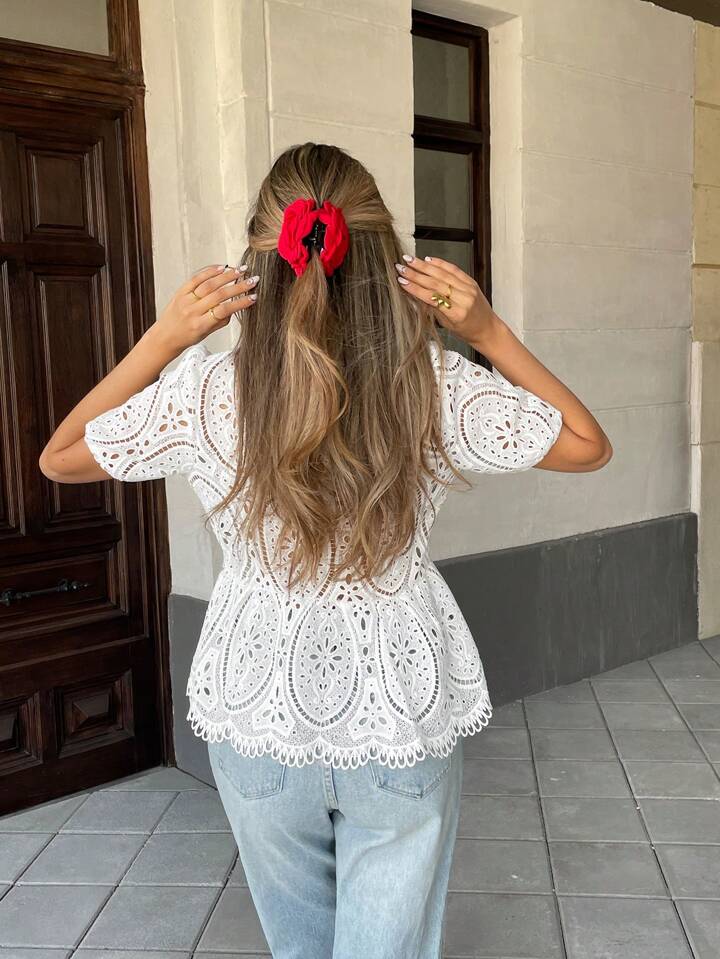 CM-TS522140 Women Casual Seoul Style Hollow Embroidered Floral Cropped Short Sleeve Top - White