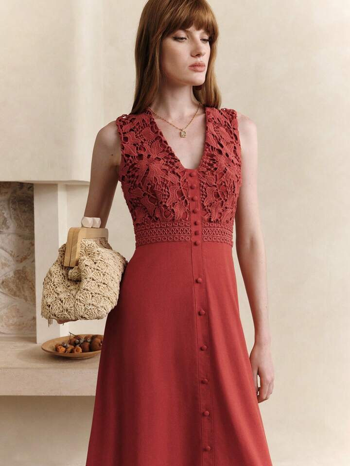 CM-DS111440 Women Trendy Bohemian Style Lace Patchwork V-Neck Sleeveless Waist-Cinched Hollow Trim Maxi Dress
