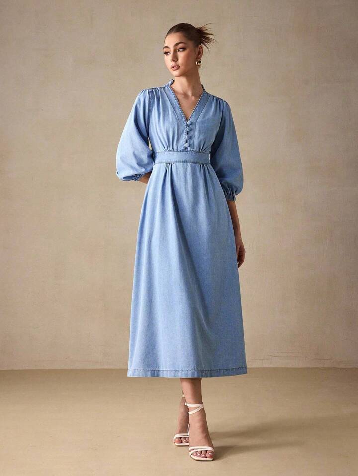 CM-DS367700 Women Elegant Seoul Style Deep V-Neck Lantern Sleeve Midi Denim Dress - Blue