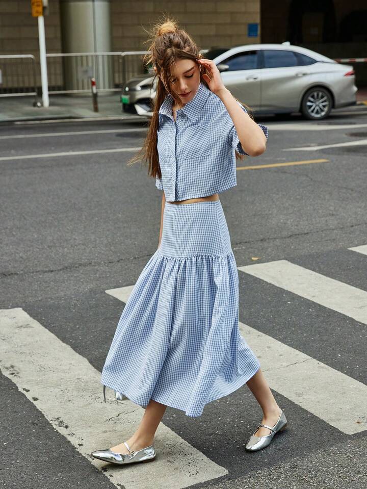CM-SS327706 Women Casual Seoul Style Striped Print Front Button Short Sleeve Top With Ruffle Hem Skirt - Set