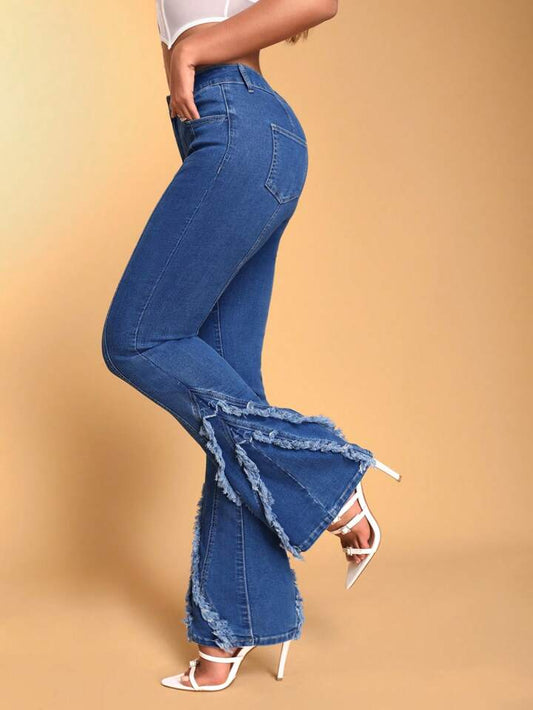 CM-BS595005 Women Casual Seoul Style Raw Edge Flare Leg Denim Pants - Blue