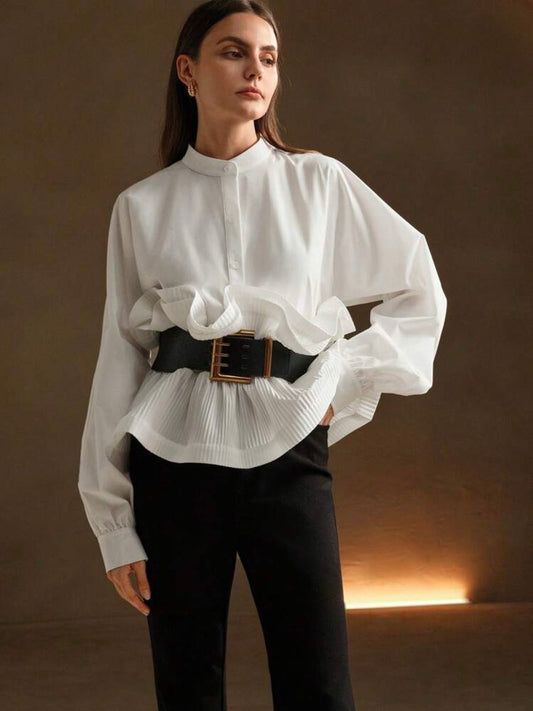 CM-TS961174 Women Elegant Seoul Style Multi-Layer Ruffles Waist Cinching Loose Shirt - White