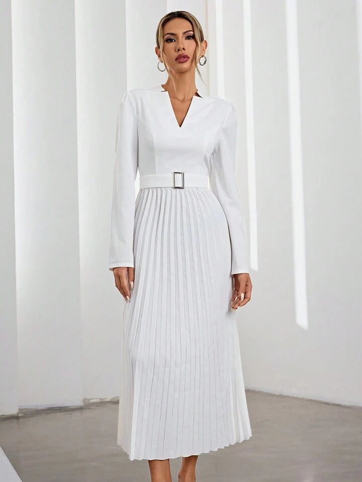 CM-DS437355 Women Elegant Seoul Style V-Neck Long Sleeve Waist Tie Pleated Hem Dress - White