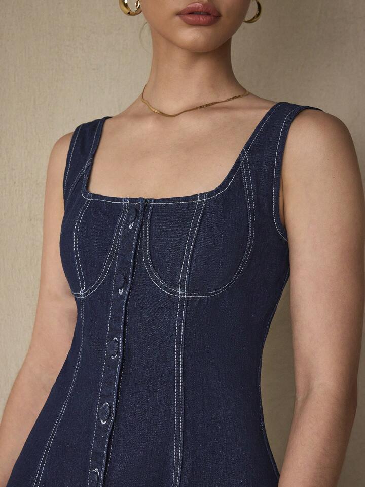 CM-DS519878 Women Elegant Seoul Style Solid Color Square Neck Sleeveless Knee Length Denim Dress - Blue