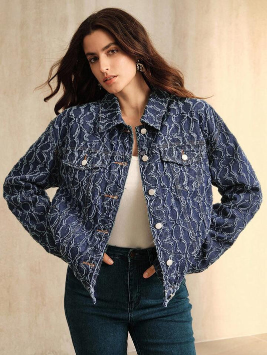 CM-CS134419 Women Casual Seoul Style Collar Neckline Long Sleeve Jacquard Denim Jacket - Blue