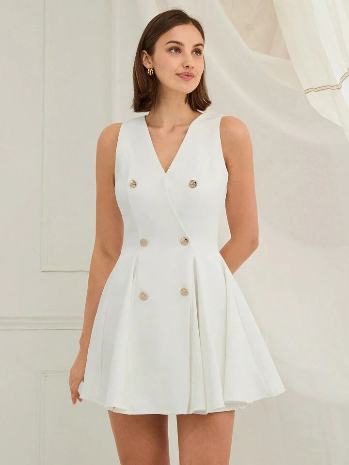 CM-DS800859 Women Elegant Seoul Style V-Neck Front Button Sleeveless A-Line Mini Dress - White