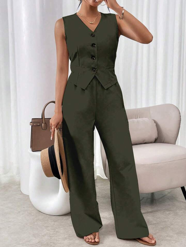 CM-SS138611 Women Casual Seoul Style V-Neck Sleeveless Single Breasted Suit Vest With Long Pants - Army Green