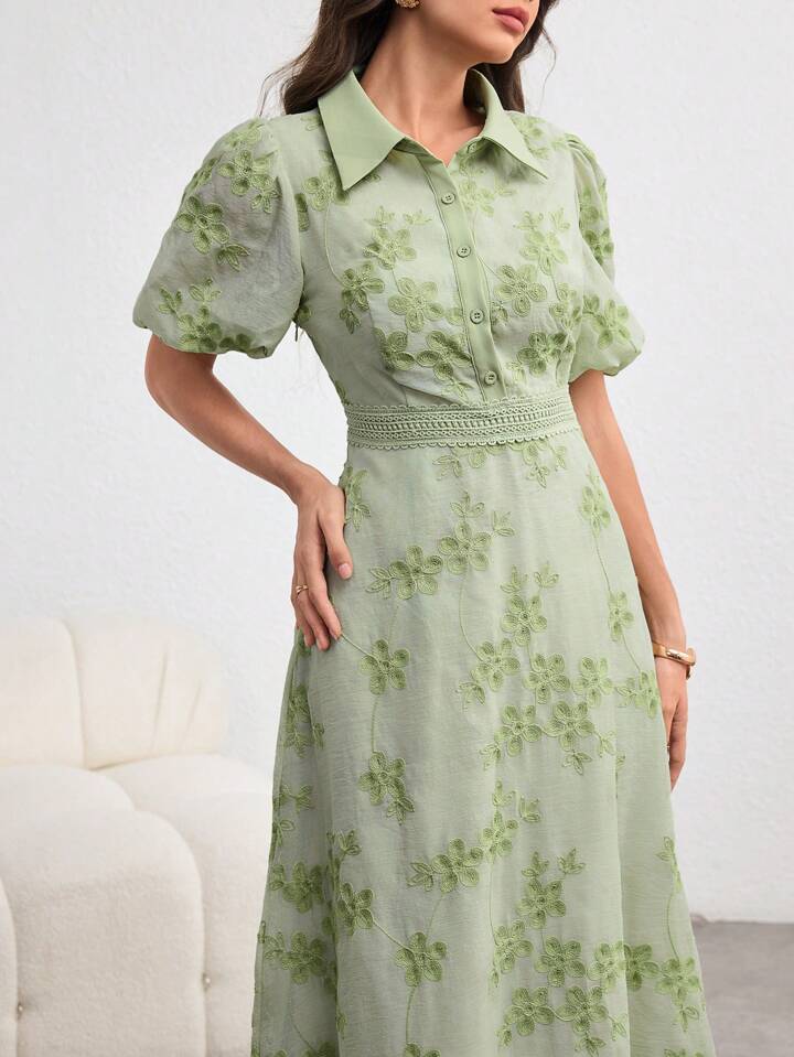 CM-DS301711 Women Elegant Seoul Style Turn-Down Collar Waist Banded Embroidered Long Dress - Green