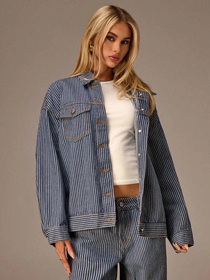 CM-CS757755 Women Casual Seoul Style Collar Neckline Long Sleeve Washed Striped Denim Jacket - Blue