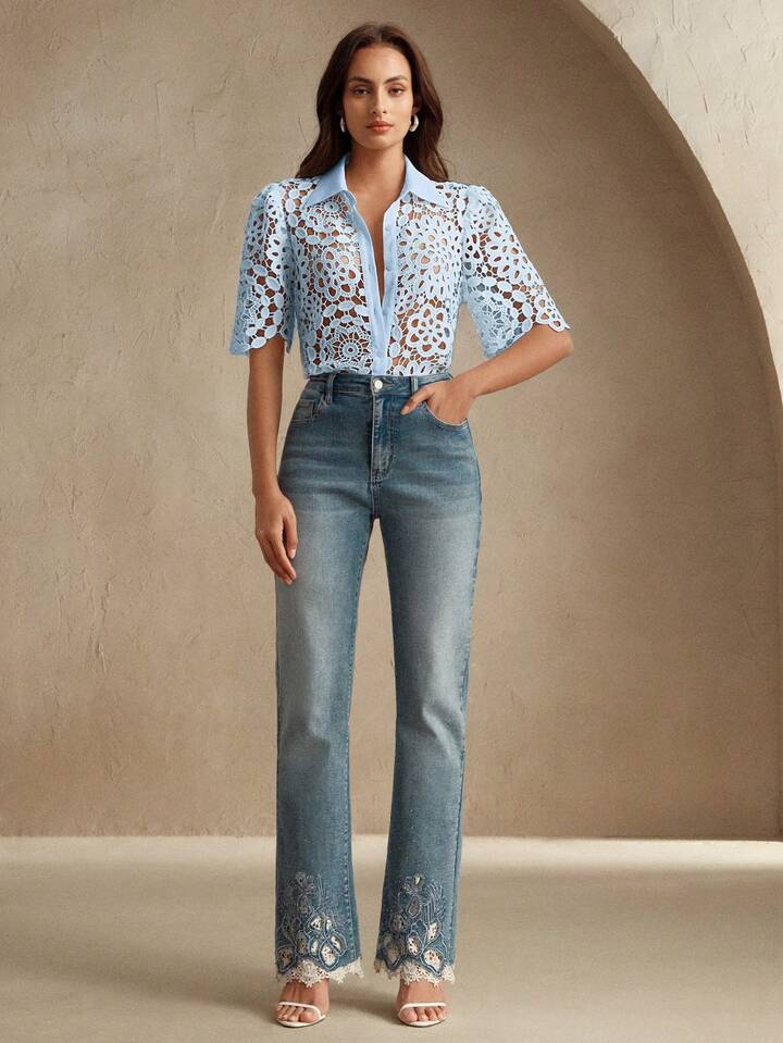 CM-TS564298 Women Casual Seoul Style Collar Neckline Half Sleeve Floral Hollow Out Lace Shirt Blouse - Blue