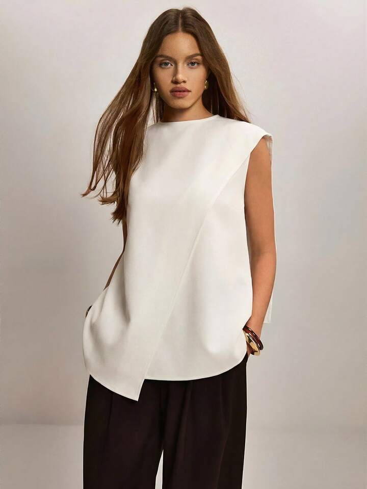 CM-TS563755 Women Elegant Seoul Style Stand Collar Sleeveless Asymmetric Hem Loose Blouse - Beige