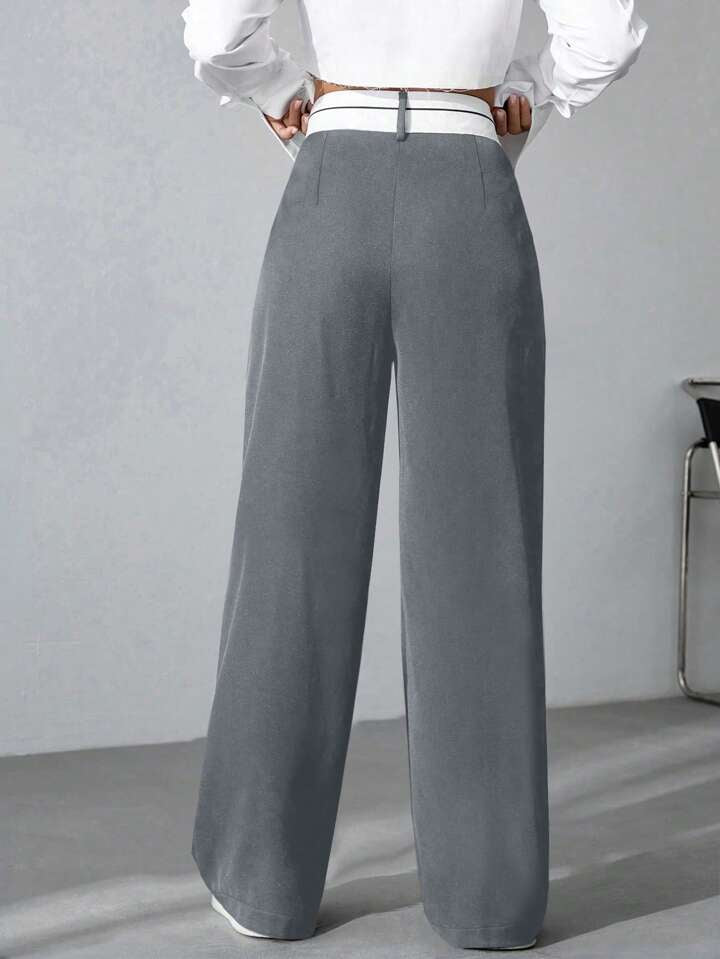 CM-BS040101 Women Casual Seoul Style Asymmetrical High Waist Straight Leg Pants - Gray